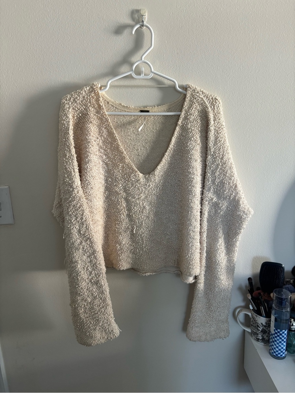 Free People Cream V-Neck Textured Pullover